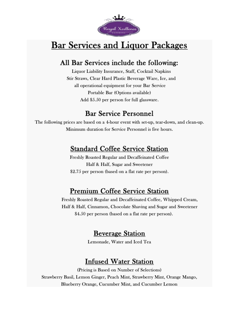 bar services and liquor packages